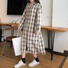 Long-sleeve Plaid Midi Shirt Dress As Shown In Figure - One Size