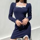 Lace Trim Long-sleeve Sheath Mini Dress