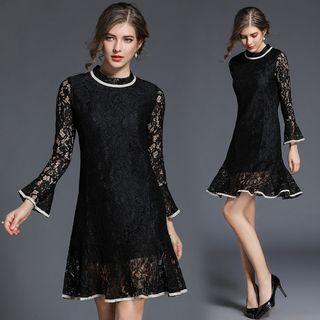 Set: Long-sleeve Ruffle Lace Dress + Sleeveless Top