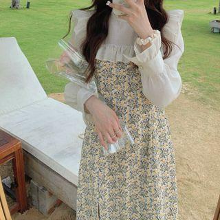 Bell-sleeve Floral Print Panel Slit Midi A-line Dress Dress - Floral - Beige - One Size