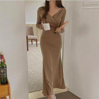 Long-sleeve V-neck Knit Midi Mermaid Dress