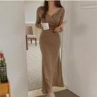 Long-sleeve V-neck Knit Midi Mermaid Dress