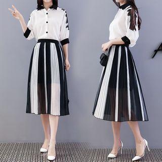 Set: Lace Panel 3/4-sleeve Blouse + Pleated Midi Skirt