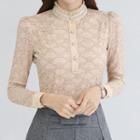 Stand-collar Embellished Long-sleeve Lace Top
