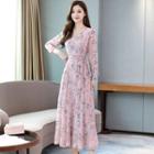 Long-sleeve Floral Print Chiffon A-line Maxi Dress