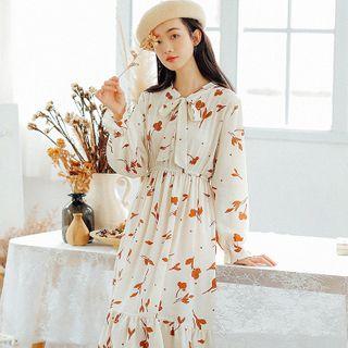 Flower Print Tie-neck Long-sleeve Midi A-line Dress