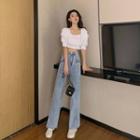 Elbow-sleeve Crop Top / Washed Straight-fit Jeans