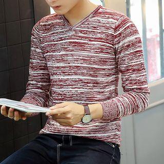 V-neck Melange Long-sleeve Knit Sweater