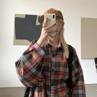 Long-sleeve Plaid Shirt Plaid - Red & Brown & Blue - One Size