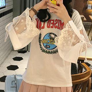 Lace Trim Long-sleeve Printed T-shirt
