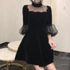 Elbow-sleeve Mesh Panel Mini A-line Dress