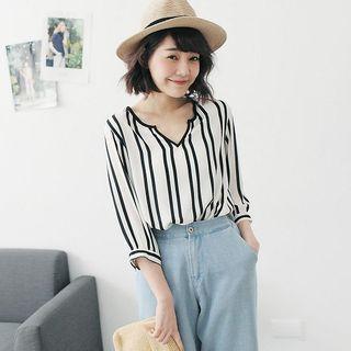 3/4-sleeve Striped V-neck Top