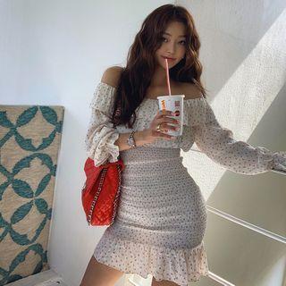 Off-shoulder Cherry-pattern Smocked Minidress