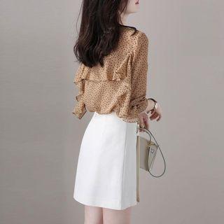 Elbow-sleeve Dotted Ruffle Blouse