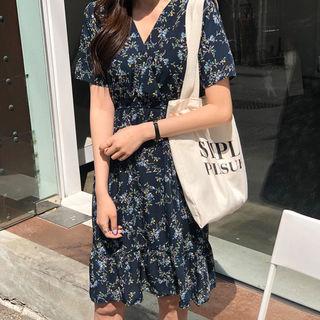 V-neck Floral Print Dress Navy Blue - One Size