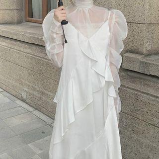 Puff-sleeve Turtleneck Mesh Top / Ruffled Midi A-line Overall Dress