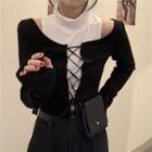 Set: Sleeveless Mock-neck Top + Long-sleeve Lace-up Crop Top Black - One Size