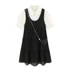 Set: Short-sleeve Blouse + Sleeveless Plain Mini Dress
