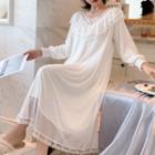 Long-sleeve Lace Trim Mesh Sleep Dress