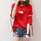 3/4-sleeve Cutout Lettering Strap T-shirt