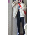 Lettering Zip Jacket / Striped Straight Leg Pants / Set
