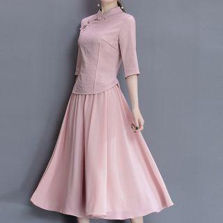 Set: Plain Elbow Sleeve Cheongsam Top + Midi Skirt