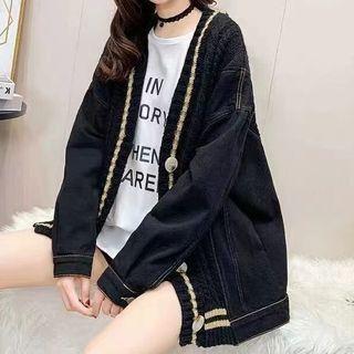 Denim Panel Cable Knit Cardigan