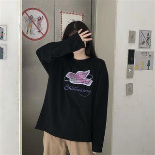 Bird-print Lettering Long-sleeve Round Neck T-shirt
