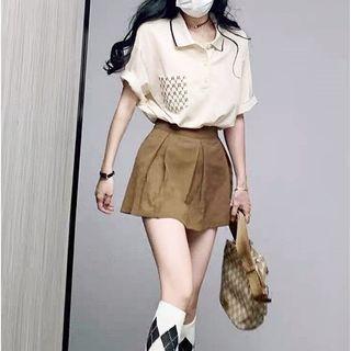 Short-sleeve Collar Pocket Detail T-shirt / Mini Pleated Skirt / Set