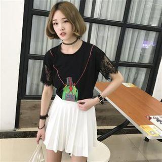 Lace Short-sleeve Printed Top Black - One Size