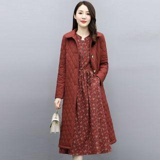 Set: Long-sleeve Floral Print Midi A-line Dress + Quilted Button Coat