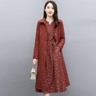 Set: Long-sleeve Floral Print Midi A-line Dress + Quilted Button Coat