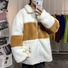 Color-block Fleece Hooded Loose-fit Jacket