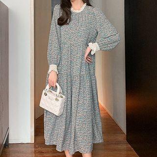 Long-sleeve Floral Lace Ruffle Trim Midi Dress With Sash
