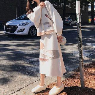 Set: Color Block Cardigan / Knitted Midi A-line Skirt