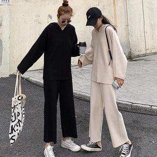 Set: Plain Knit Hoodie + Wide-leg Pants