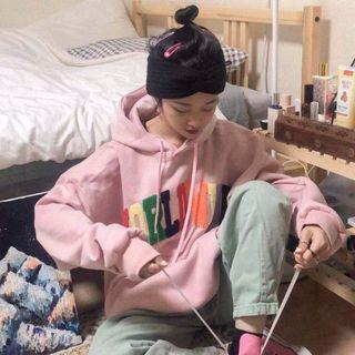 Long Sleeve Printed Hooded Pullover Pink - One Size