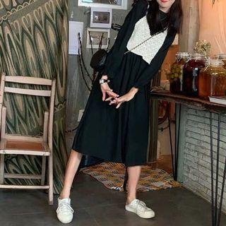Long-sleeve Midi A-line Dress / Perforated Knit Vest / Set