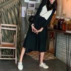 Long-sleeve Midi A-line Dress / Perforated Knit Vest / Set