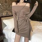 Off-shoulder Tie Waist Long-sleeve Bodycon Dress
