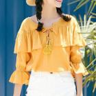 Lace-up Frilled Elbow-sleeve Top
