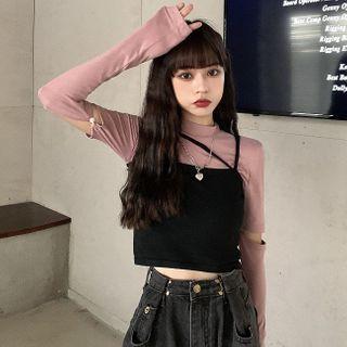 Long-sleeve Cutout Mock-neck T-shirt / Spaghetti Strap Top