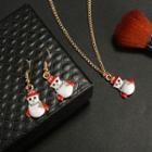 Set: Embellished Christmas Snowman Dangle Earring + Pendant Necklace Gold - One Size