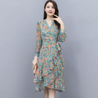 Long-sleeve Ruffle Trim Floral A-line Dress