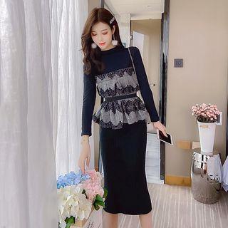 Set: Mock Two-piece Long-sleeve Peplum Top + Midi Straight-fit Skirt