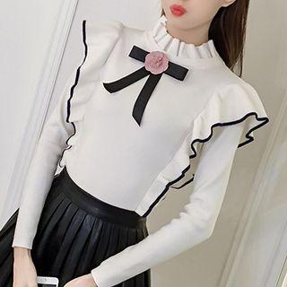 Bow Neck Ruffle Trim Knit Pullover