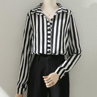Long-sleeve Lapel Color Block Striped Shirt