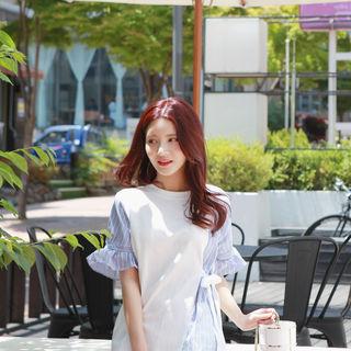 Short-sleeve Striped-panel Tie-waist Cotton Mini Dress