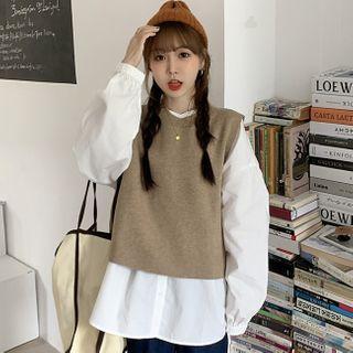 Plain Long-sleeve Blouse / Knit Vest