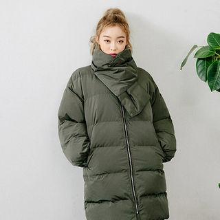 Detachable-hood Long Puffer Coat With Scarf